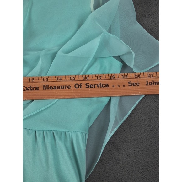 Vintage 60s 70s Evening Dress 18 Aqua Green Chiffon 45" Long Flowy Hollywood - Picture 7 of 12